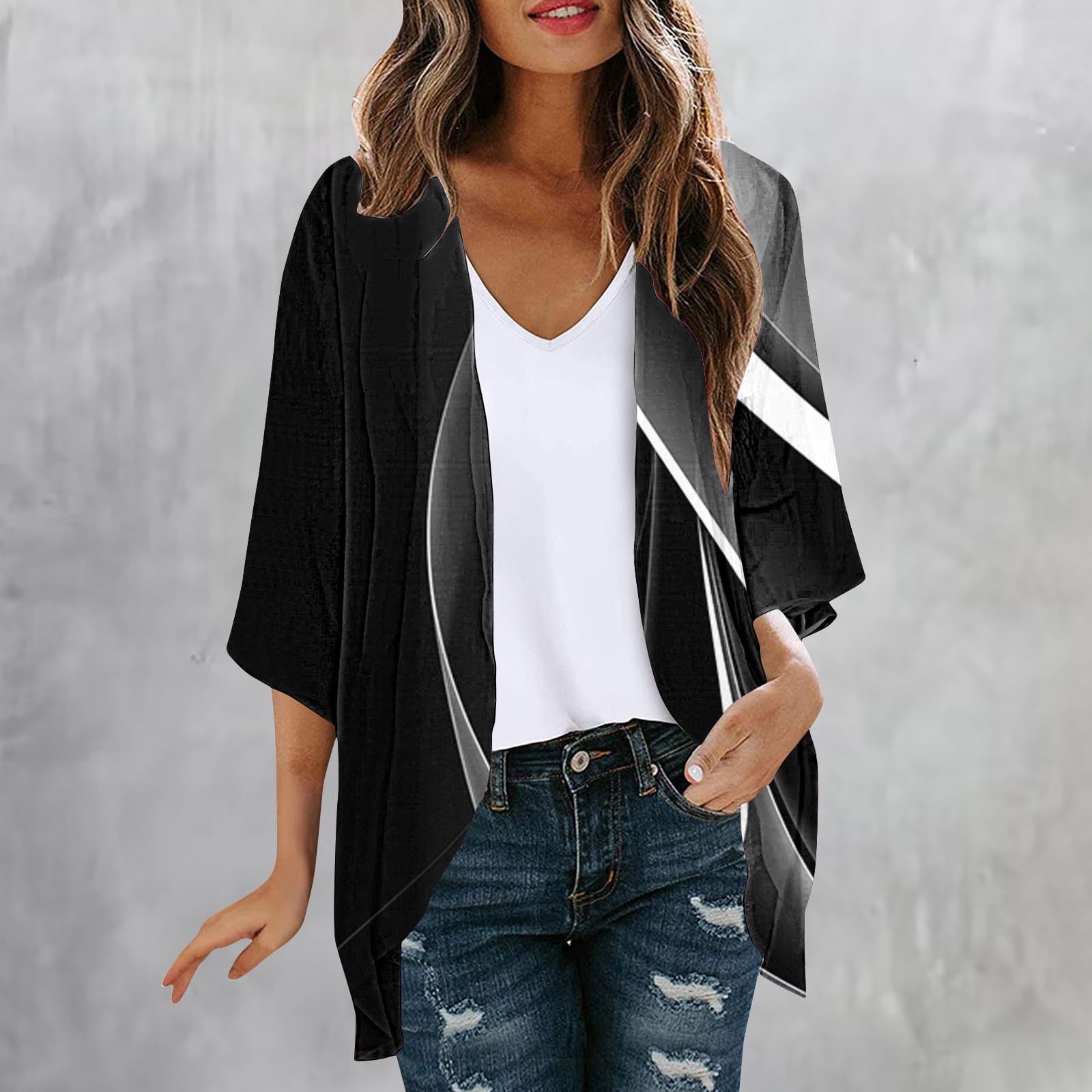 Delliss Wome's Plus Size Cardigan Fashion Casual Print Jacket 3/4 ...
