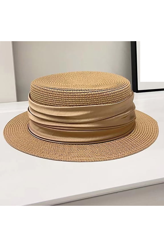 Women Beach Straw Flat Top Sun Hat Trendy Classic Ribbon Boater Sun Hat Short Brim Party Travel Cap