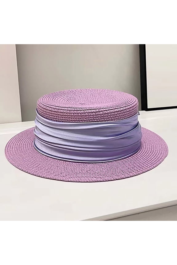 Women Beach Straw Flat Top Sun Hat Trendy Classic Ribbon Boater Sun Hat Short Brim Party Travel Cap