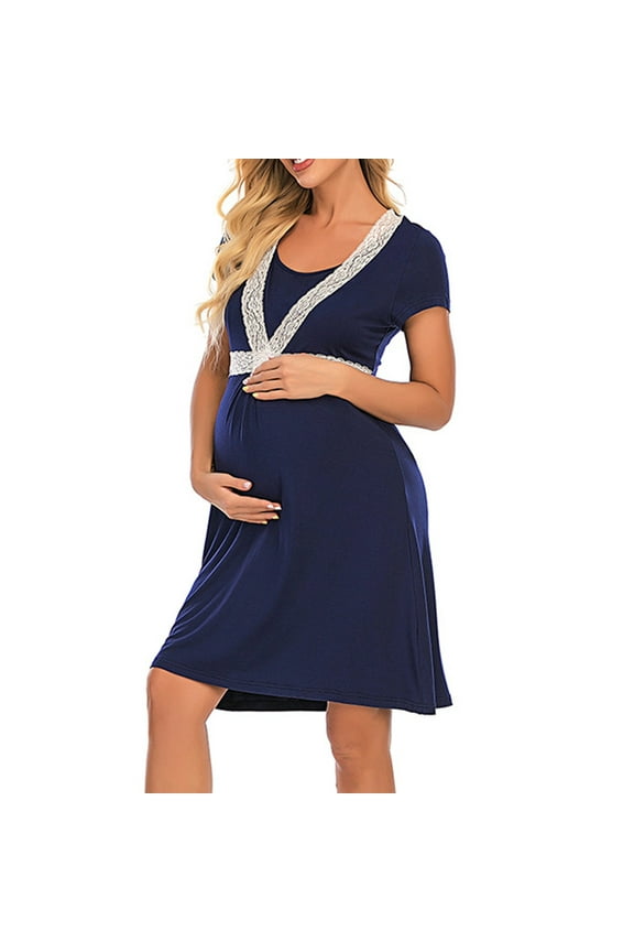 Women Lace Maternity Nursing Gown short Sleeve Double Layer Breastfeeding home clothes Nightgown Dress