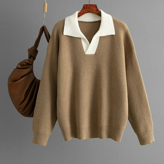 Delliss Women Lapel Long Sleeve Work Blouse Loose Top Warm Business Sweater Streetwear Khaki Free Size