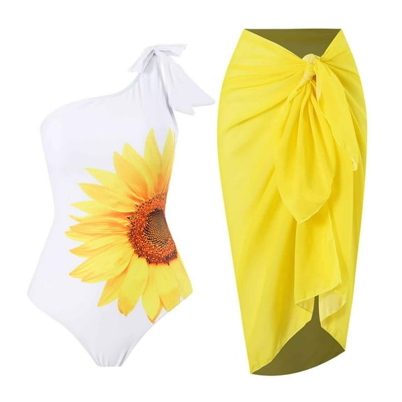 Delliss Women One-Piece Swimsuit with Cover up Wrap Skirt Sarong Bathing Suit Beach Outfit Summer Yellow S-XL