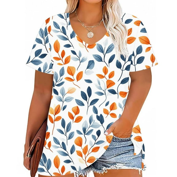 Delliss Women Plus Size Tops Short Sleeve Floral Print V Neck T Shirts Casual Loose Fit Basic Tee Tshirt