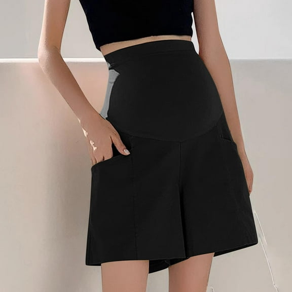 Delliss Women Pregnancy Fashion Straight Shorts Wide Leg Simple Maternity Shorts With Pocket