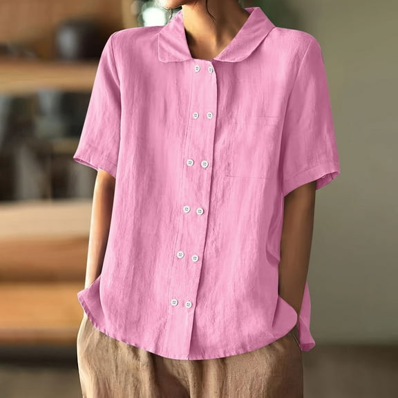 Delliss Women Short Sleeve Cotton Linen Shirts Button Down Up Shirt Blouse Summer Causal Blouses Tops