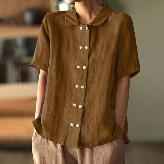 Delliss Women Short Sleeve Cotton Linen Shirts Button Down Up Shirt Blouse Summer Causal Blouses Tops