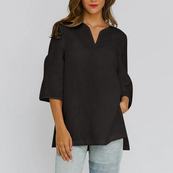 Delliss Women Side SlitTops Causal Summer Bell Sleeve T Shirts V Neck Loose Blouses S-2XL
