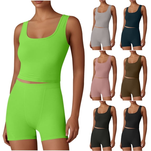 Delliss Women Workout Yoga Sets Summer Tight Crop Tank Top With High Waist Biker Shorts Tracksuits Outfits