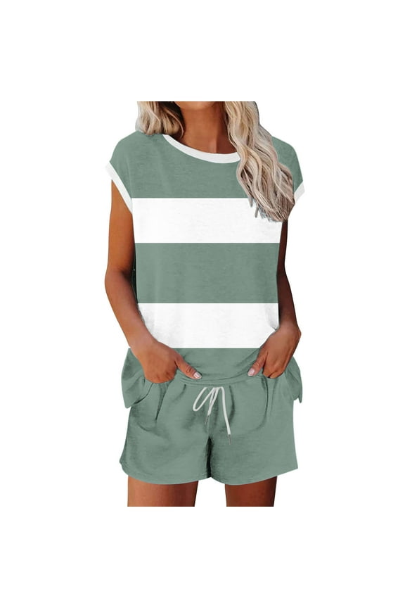 Women's 2 Piece Fashion Sports Color Block Outfits Cap Sleeve Sweatshirt Top And Drawstring Shorts Set