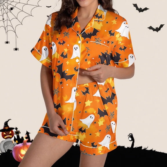 Delliss Women's 2 Piece Set Halloween Print Loungewear Short Sleeve Lapel Button Shorts Pajama Set Gold S