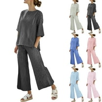 Delliss Women's 2 Piece Stylish Stripe Outfits Tennis Casual 3/4 Sleeve Tops And Wide Leg Baggy Flowy Flare Pants Lounge Sports Sets