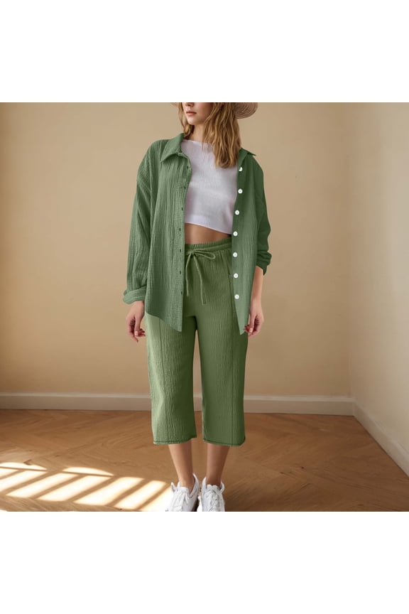 Women's 2 Piece Suit Wrinkles Button Long Sleeve Top Matching Drawstring Elastic Waist Casual Loose Capri Pant