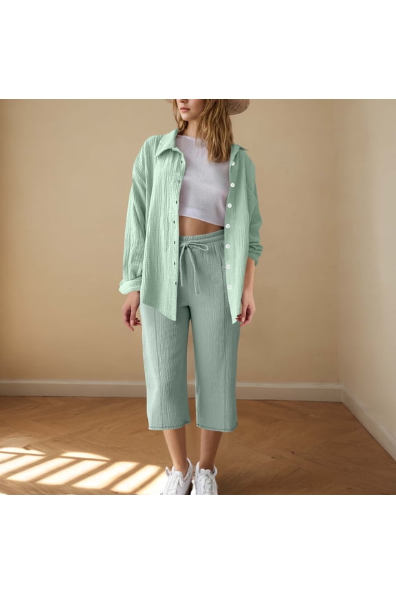 Women's 2 Piece Suit Wrinkles Button Long Sleeve Top Matching Drawstring Elastic Waist Casual Loose Capri Pant