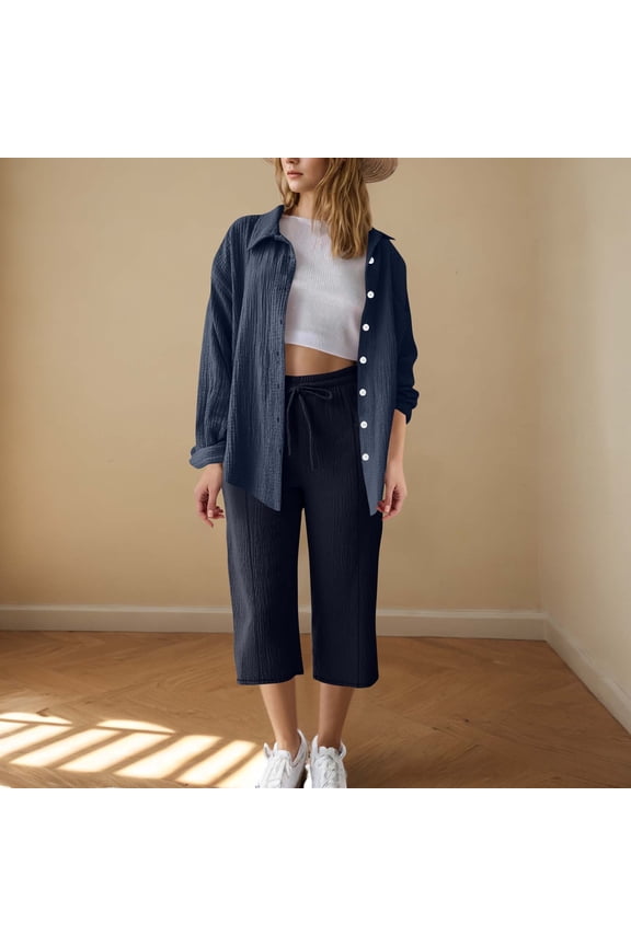 Women's 2 Piece Suit Wrinkles Button Long Sleeve Top Matching Drawstring Elastic Waist Casual Loose Capri Pant