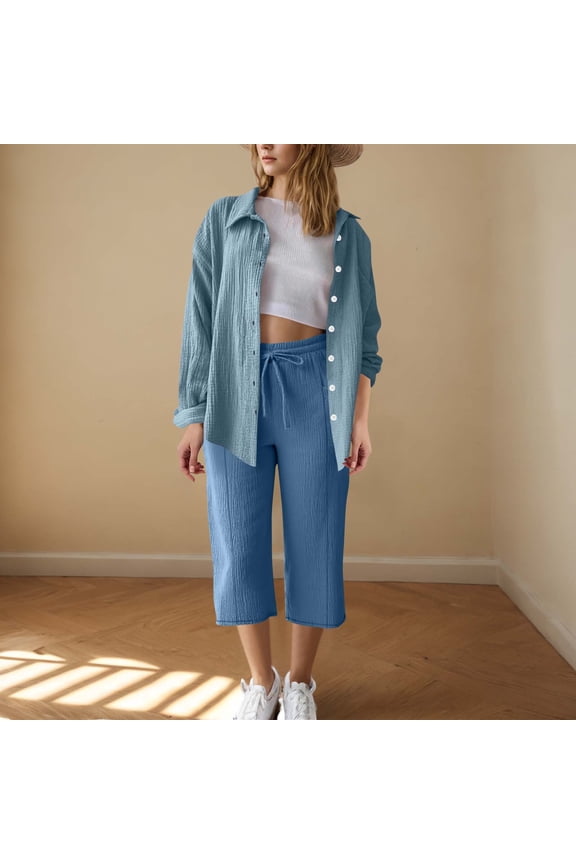 Women's 2 Piece Suit Wrinkles Button Long Sleeve Top Matching Drawstring Elastic Waist Casual Loose Capri Pant