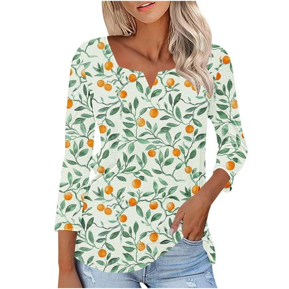 Delliss Women's 3/4 Sleeve V Neck Fashion Print Loose Casual Top Comfy T-shirt S-2XL