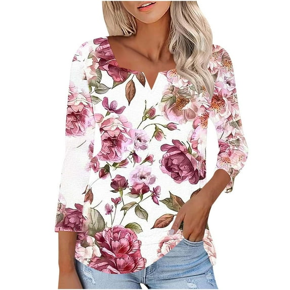Delliss Women's 3/4 Sleeve V Neck Fashion Print Loose Casual Top Comfy T-shirt S-2XL