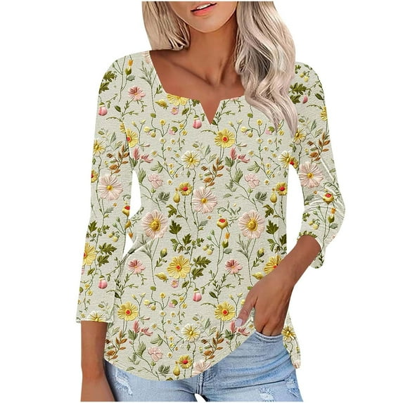 Delliss Women's 3/4 Sleeve V Neck Fashion Print Loose Casual Top Comfy T-shirt S-2XL