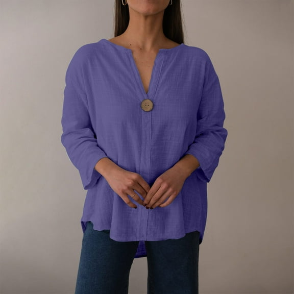 Delliss Women's 3/4 sleeve V Neck Cotton Linen Solid Color T-shirt Top S-2XL