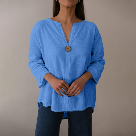 Delliss Women's 3/4 sleeve V Neck Cotton Linen Solid Color T-shirt Top S-2XL
