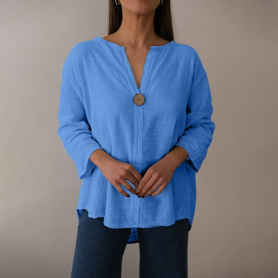 Delliss Women's 3/4 sleeve V Neck Cotton Linen Solid Color T-shirt Top S-2XL