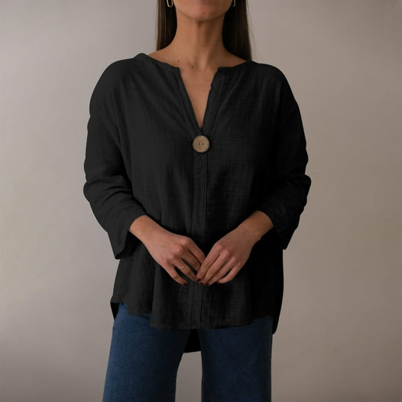 Delliss Women's 3/4 sleeve V Neck Cotton Linen Solid Color T-shirt Top S-2XL