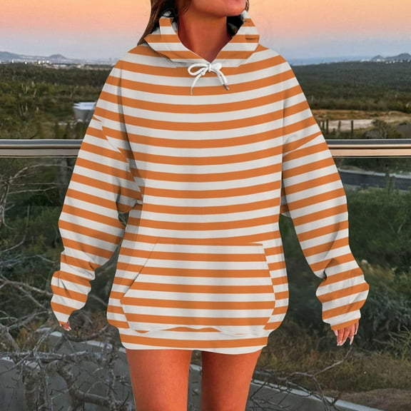 Delliss Women's Baggy Stripe Print Long Sleeve Hooded Blouse Comfy Trendy Basic Top Orange XXL