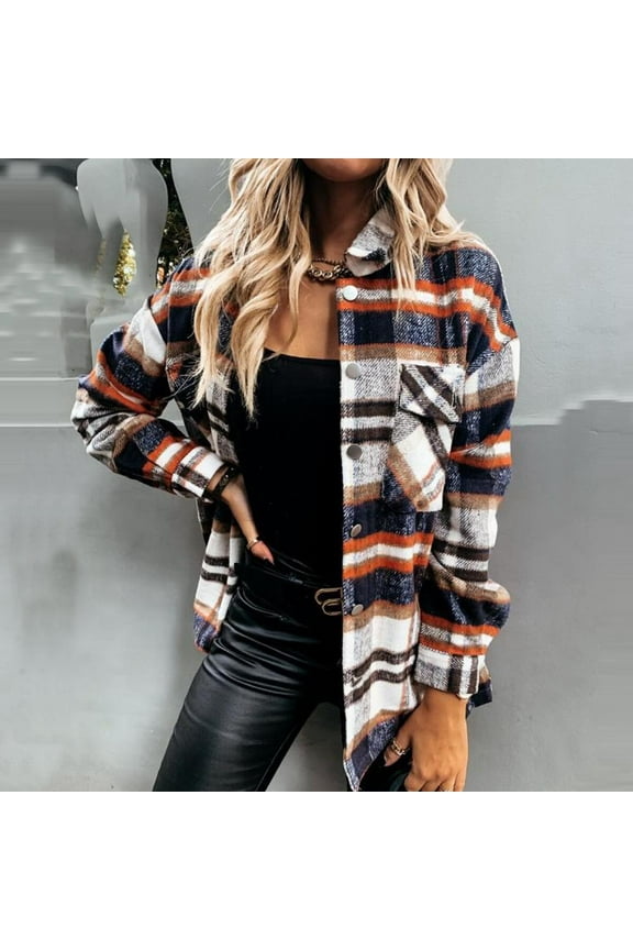 Women's Basic Lapel Button Jacket Fall Plaid Casual Cardigan Top Long Sleeve Coat Orange XL