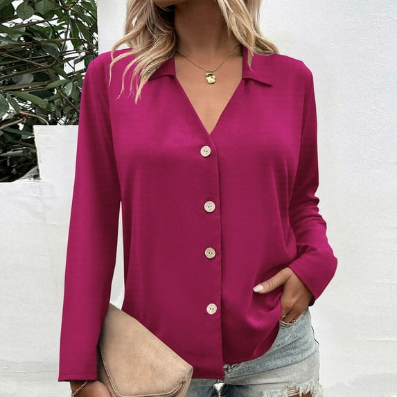Delliss Women's Button Lapel Baggy Top Solid Color Long Sleeve Blouse S-3XL