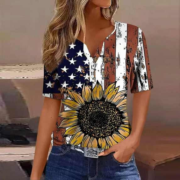 Delliss Women's Button V Neck T Shirts Casual Rolled Short Sleeve Summer Tops Loose Fit