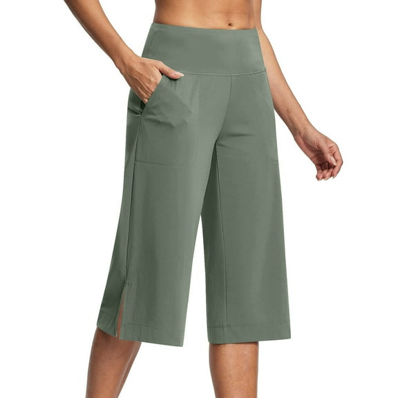 Delliss Women's Capri Pant Side Slit Comfy Stretch Yoga Pants Green S