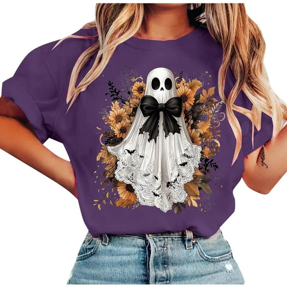 Delliss Women's Casual Short Sleeve Halloween Print T-Shirt