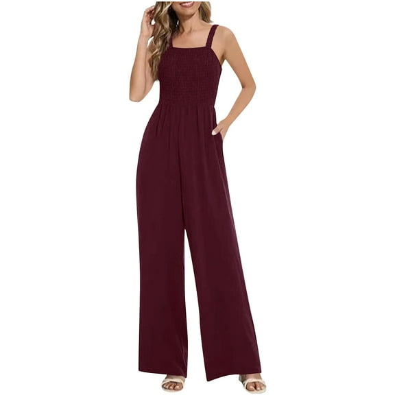 Delliss Women's Casual Sleeveless Ruffle Overalls Loose Wide Leg Jumpsuits Baggy Rompers with Pockets
