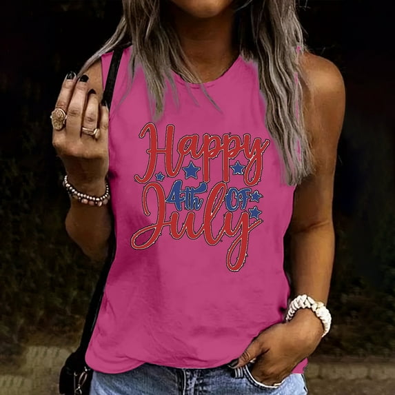 Delliss Women's Casual Sleeveless Vest Independence Day Fashion Print T-Shirt Baggy Crew Neck Basic Top