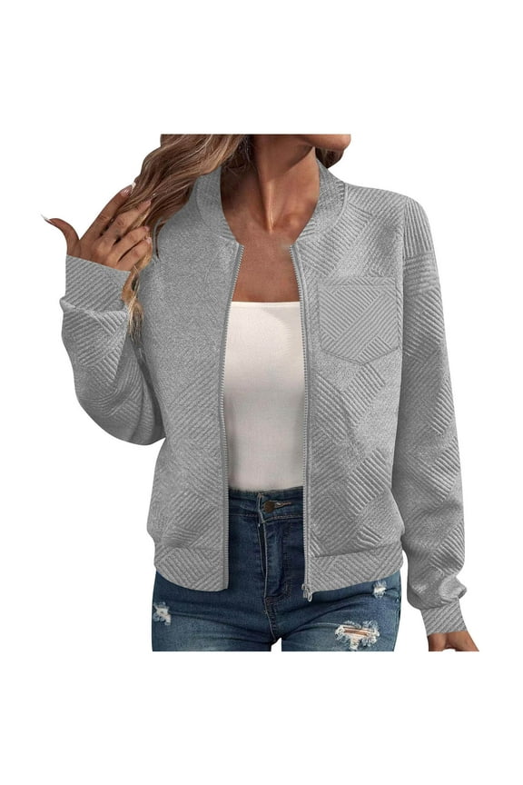 Women's Casual Solid Color Slim Fit Ribbed Jacket Long Sleeve Zipper Coat With Pocket