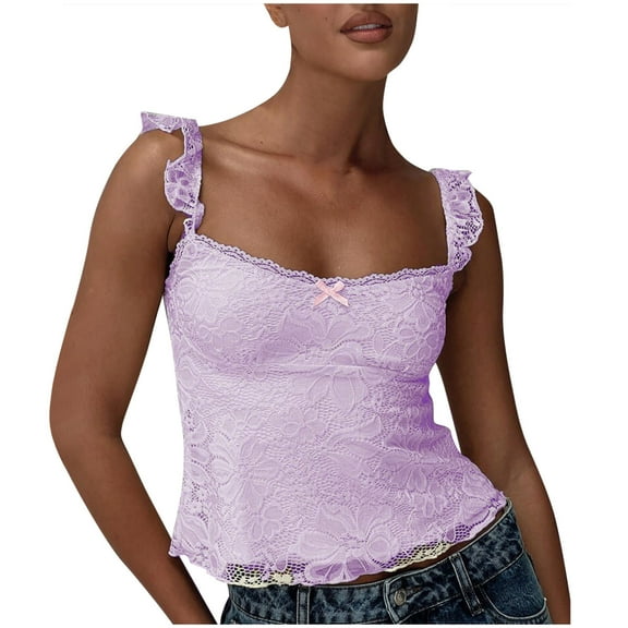 Delliss Women's Casual Solid Color Tight Fitting Pullover Lace Backless Camisole Top Purple M