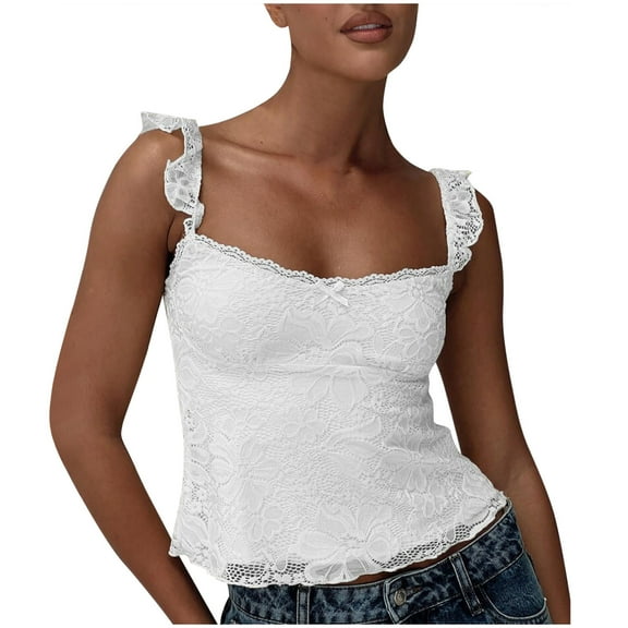 Delliss Women's Casual Solid Color Tight Fitting Pullover Lace Backless Camisole Top White M