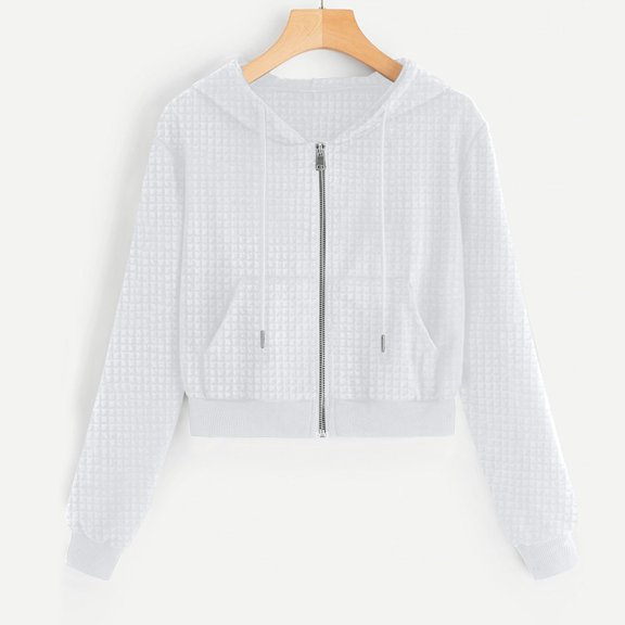Delliss Women's Casual Solid Color Waffle Hooded Jacket Full Zipper Top With Pocket