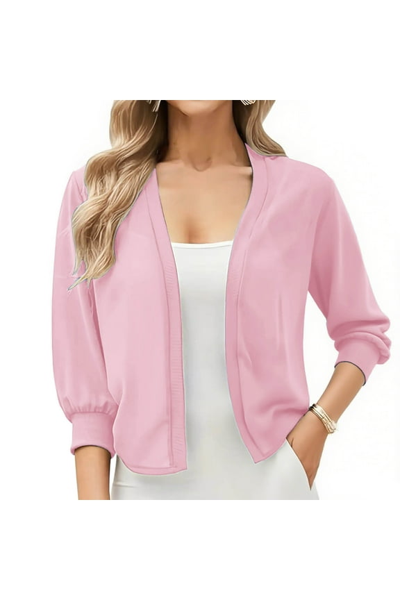 Women's Chiffon Cardigan Casual Solid Color 3/4 Sleeve Top Thin Jacket Pink XXL