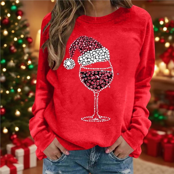 Delliss Women's Christmas Print Fashion Blouse Loose Casual Long Sleeve Regular Top Red XXL