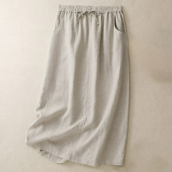 Delliss Women's Cotton Linen Drawstring Skirts Versatile Comfy Flowy Skirts With Pocket Beige L