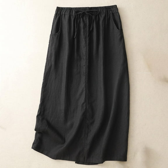 Delliss Women's Cotton Linen Drawstring Skirts Versatile Comfy Flowy Skirts With Pocket Black M