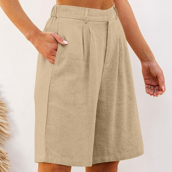 Delliss Women's Cotton Linen Short Pants Summer Casual Baggy Palazzo Short Pants Elastic Waist Wide Leg Short Trousers with Pockets