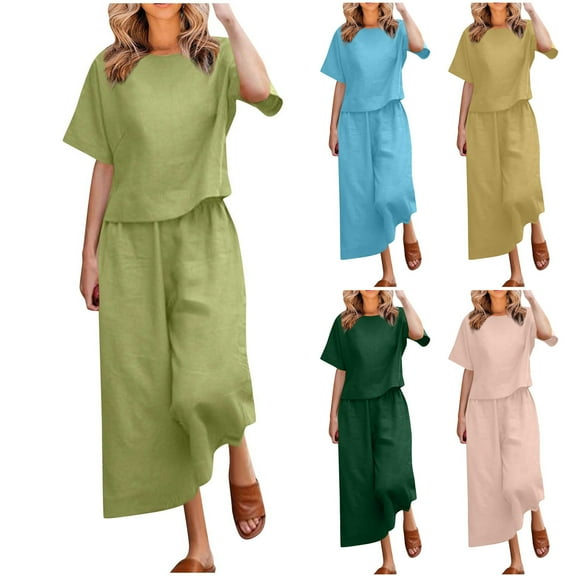 Delliss Women's Cotton Linen Two Piece Outfit Short Sleeve T-Shirt Wide Leg Trousers Solid Tracksuit