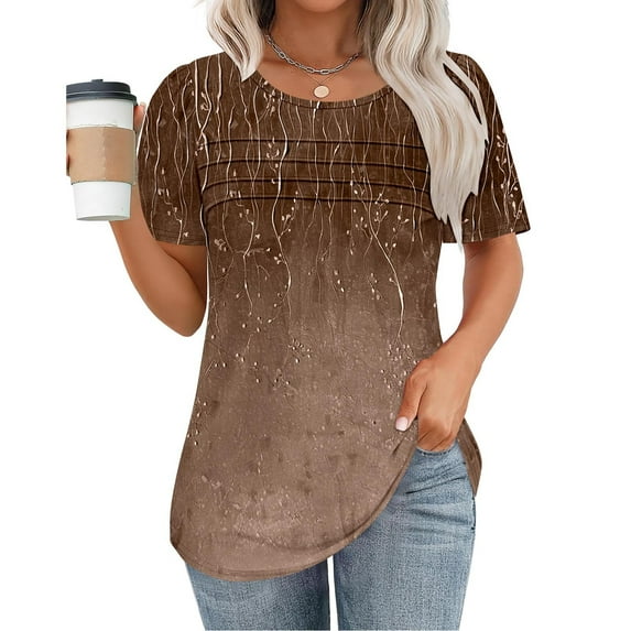 Delliss Women's Crew Neck Loose Blouse Summer Short Sleeve Tee Pleated Trendy Basic Top