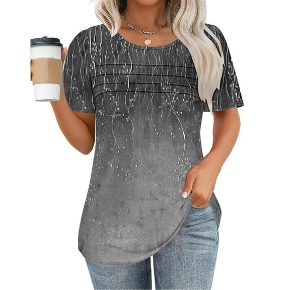 Delliss Women's Crew Neck Loose Blouse Summer Short Sleeve Tee Pleated Trendy Basic Top