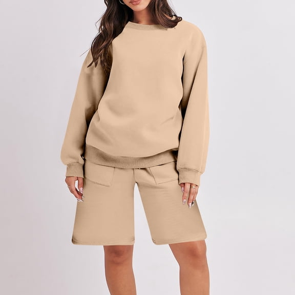 Delliss Women's Crew Neck Solid Color Long Sleeve Casual Top Knee Length Stylish Shorts Outfit