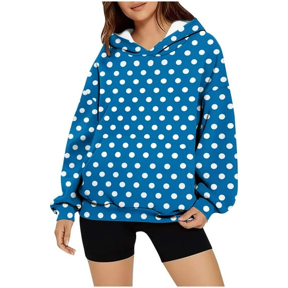 Delliss Women's Dot Print Baggy Long Sleeve Hooded Loose Sweatshirt Blue XXL