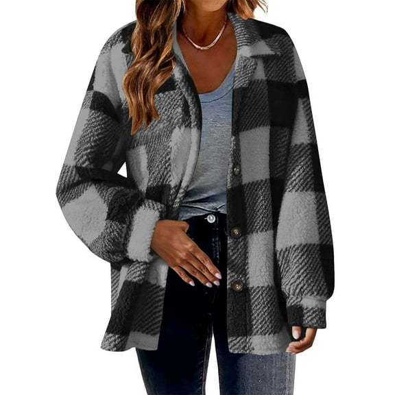 Delliss Women's Fall Winter Long Sleeve Lapel Plaid Button Warm Jacket S-2XL