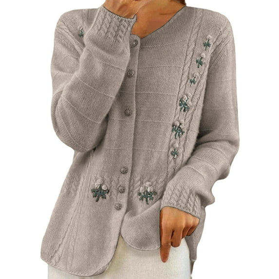 Delliss Women's Fall Winter Vintage Round Neck Embroidered Knitted Cardigan Sweater Jacket Coffee L